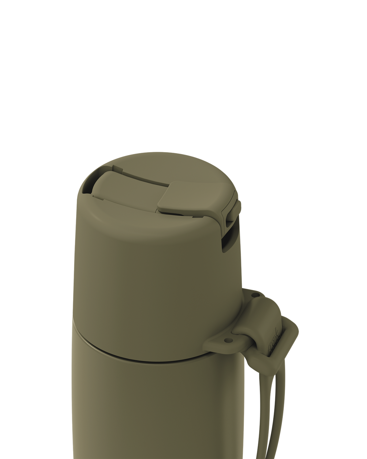 Close-up of the top of an olive green insulated bottle or thermos with a flip-top lid and attached wrist strap on a plain white background.