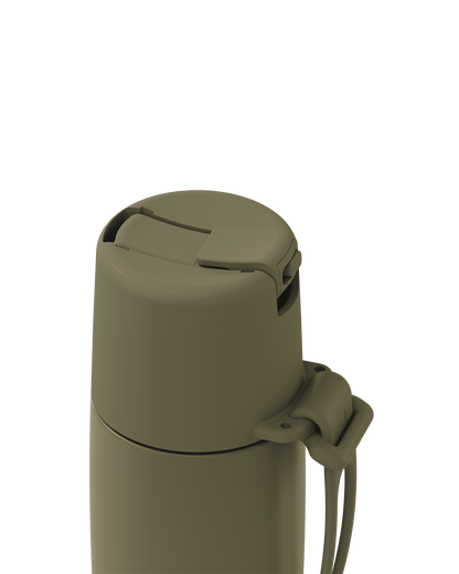Close-up of the top of an olive green insulated bottle or thermos with a flip-top lid and attached wrist strap on a plain white background.