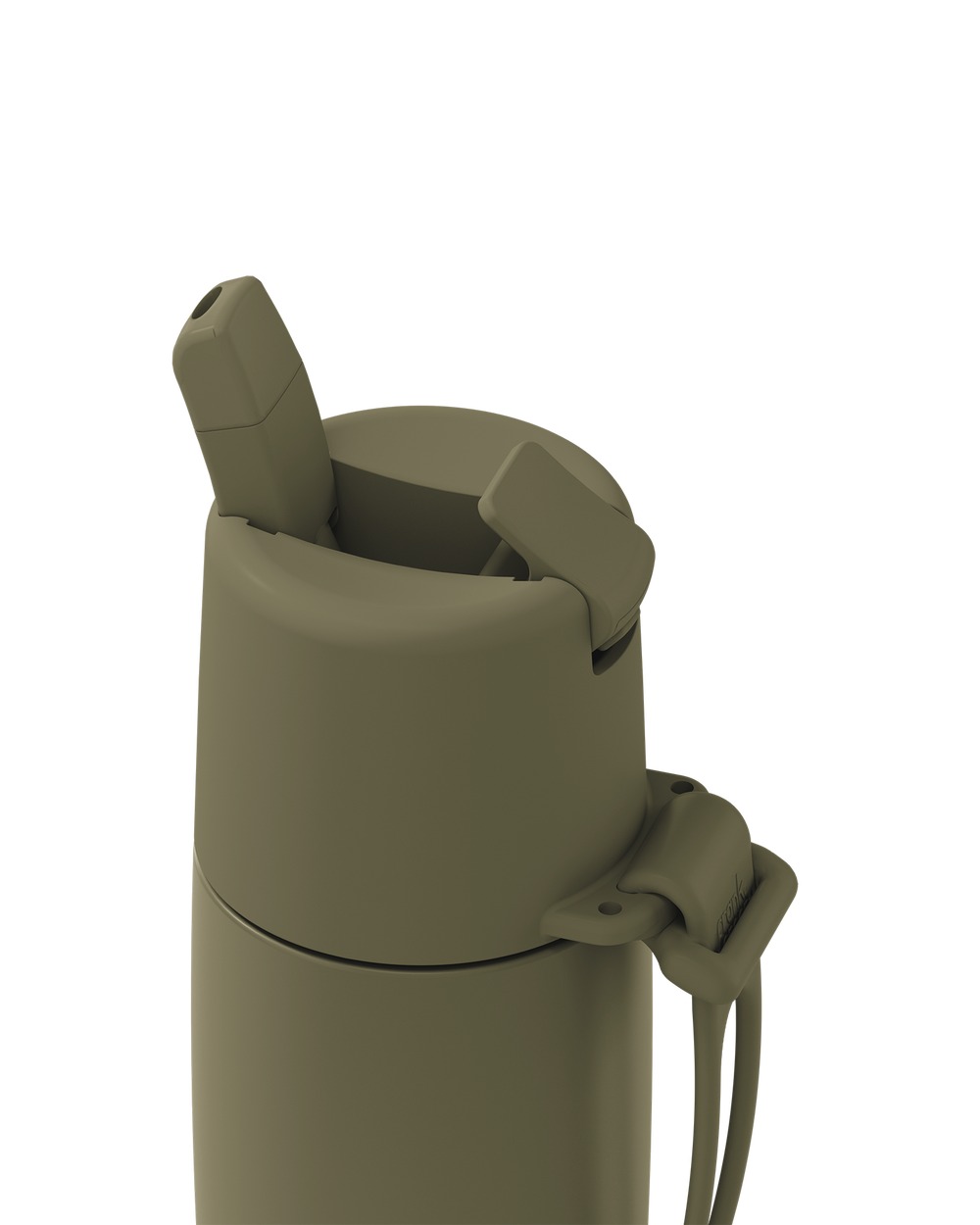 Close-up of a reusable bottle or tumbler lid in a matte olive green color, showing the flip spout and carrying loop against a solid white background.