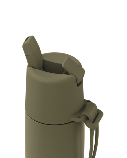 Close-up of a reusable bottle or tumbler lid in a matte olive green color, showing the flip spout and carrying loop against a solid white background.