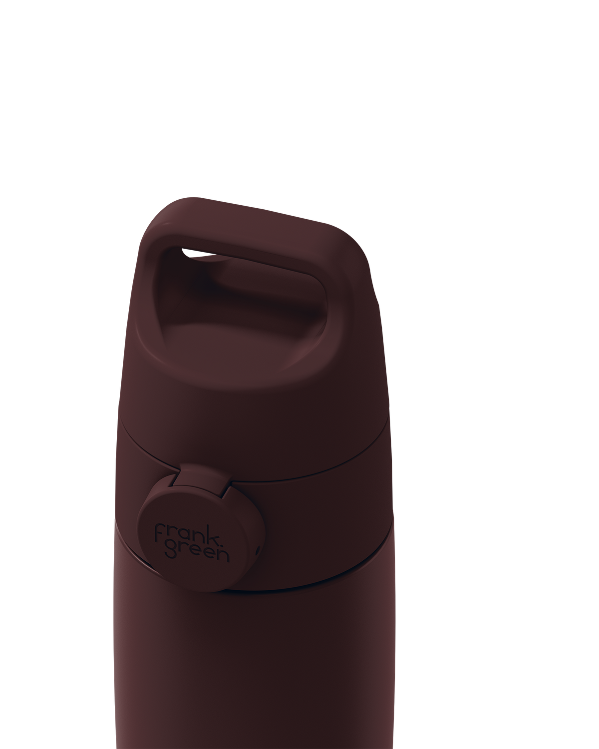 Close-up of a dark brown Grip & Sip lid closed on a 12oz insulated bottle, showing the carry handle.