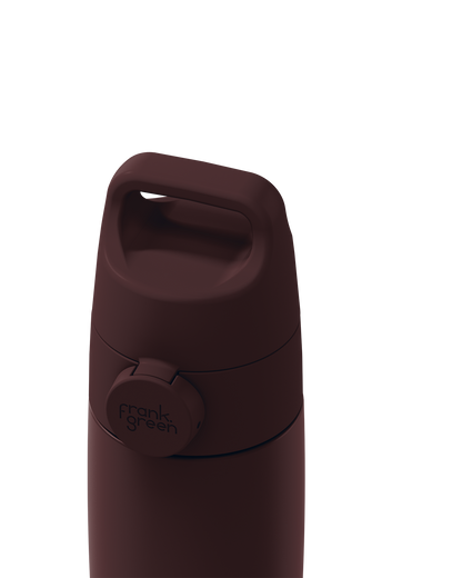 Close-up of a dark brown Grip & Sip lid closed on a 12oz insulated bottle, showing the carry handle.