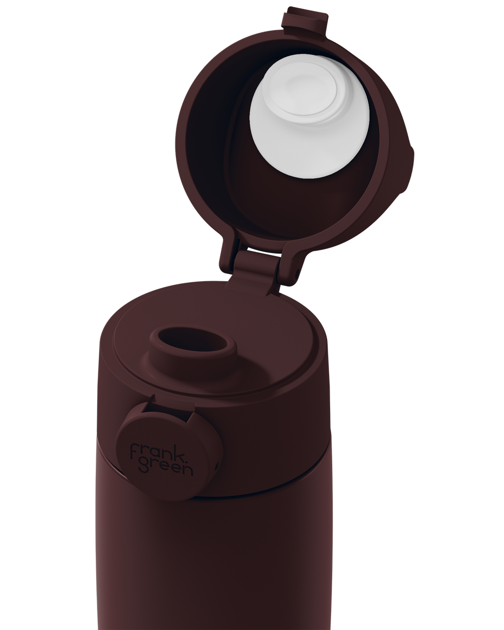 Close-up of a dark brown Grip & Sip lid on a 12oz insulated bottle, with the sip cap flipped open to show the spout.