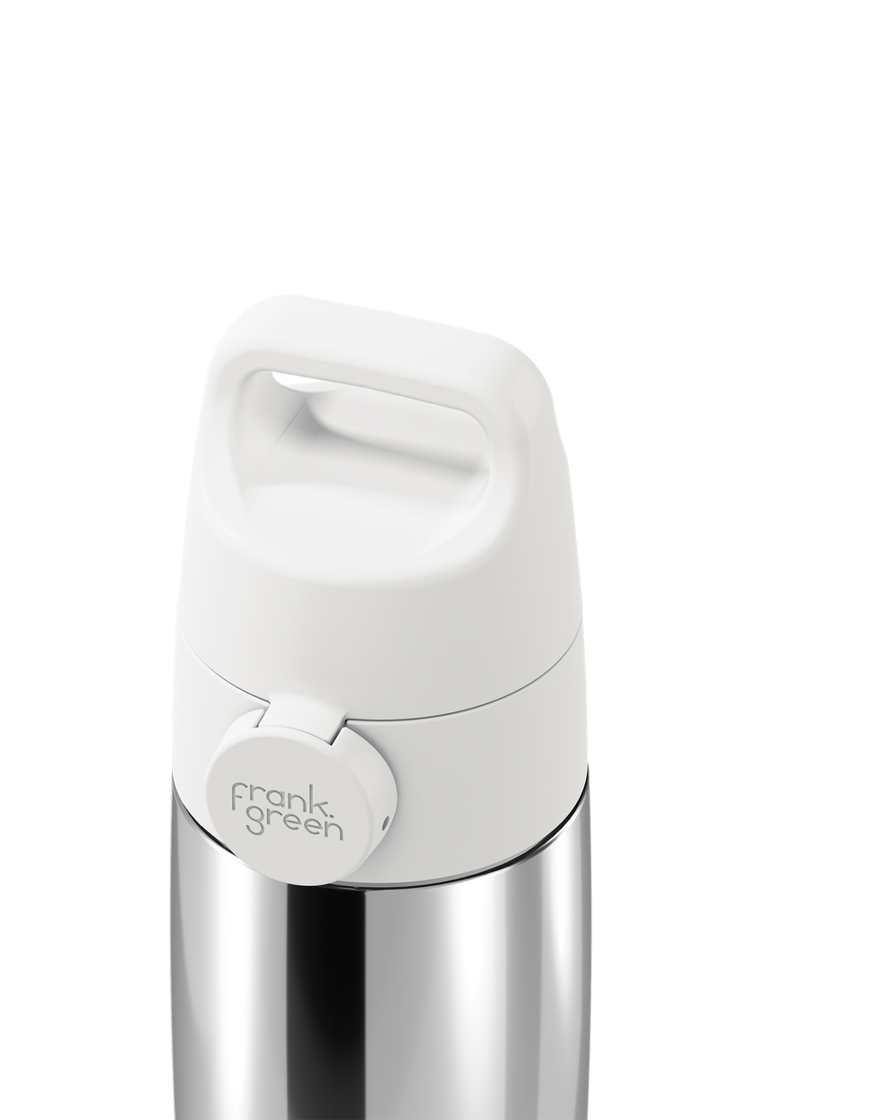 Close-up of a white Grip & Sip lid closed on a polished stainless steel 12oz insulated bottle, showing the carry handle.