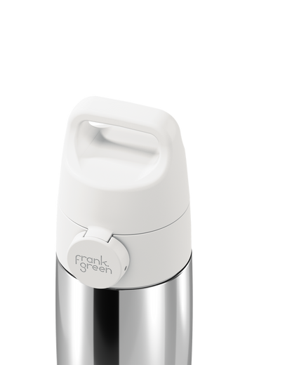 Close-up of a white Grip & Sip lid closed on a polished stainless steel 12oz insulated bottle, showing the carry handle.