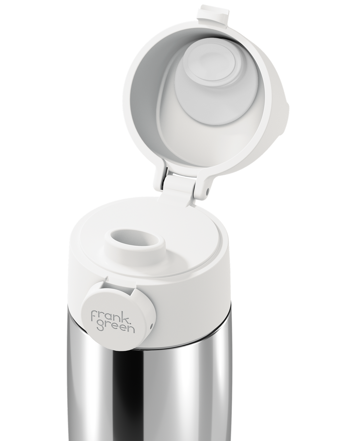 Close-up of a white Grip & Sip lid on a polished stainless steel 12oz insulated bottle, with the sip cap flipped open to show the spout.