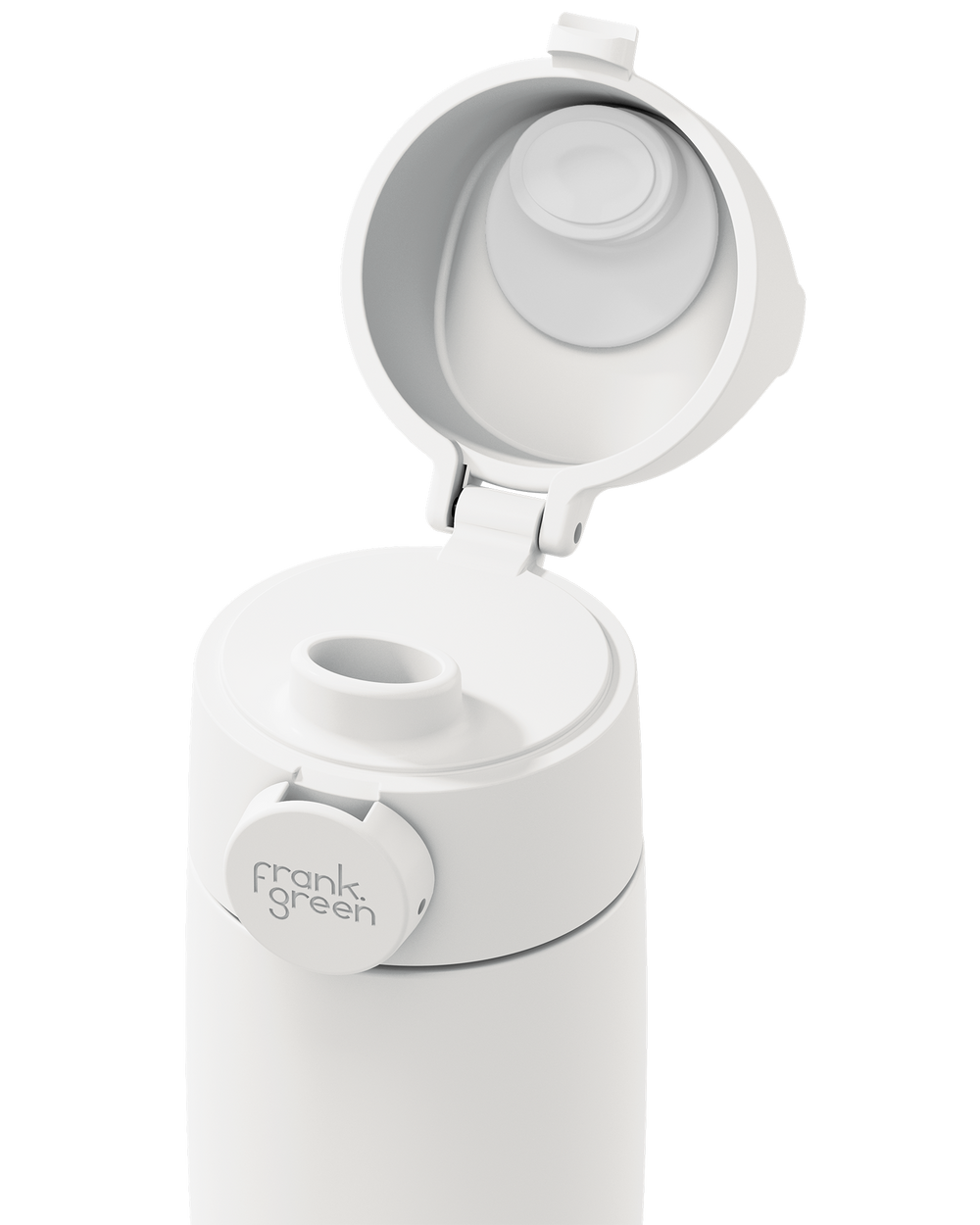 Close-up of a white Grip & Sip lid on a 12oz insulated bottle, with the sip cap flipped open to show the spout.
