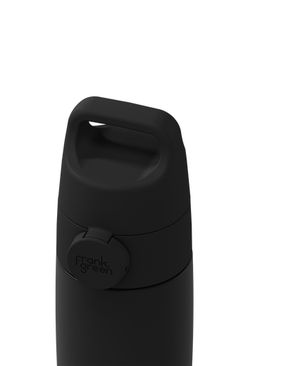 Close-up of a matte black Grip & Sip lid closed on a 12oz insulated bottle, showing the carry handle.