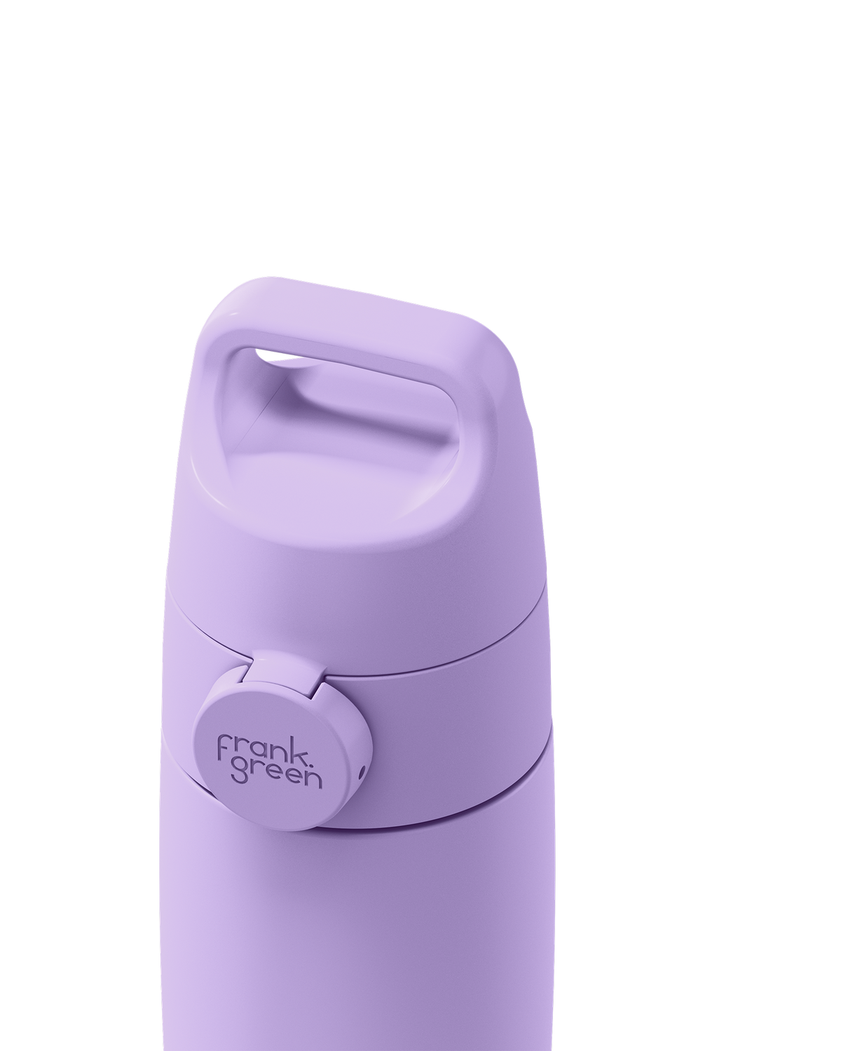 Close-up of a lavender Grip & Sip lid closed on a 12oz insulated bottle, showing the carry handle.