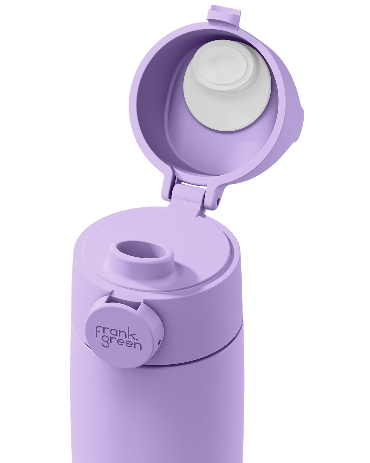 Close-up of a lavender Grip & Sip lid on a 12oz insulated bottle, with the sip cap flipped open to show the spout.