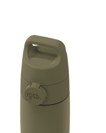 Close-up of an olive green Grip & Sip lid closed on a 12oz insulated bottle, showing the carry handle.