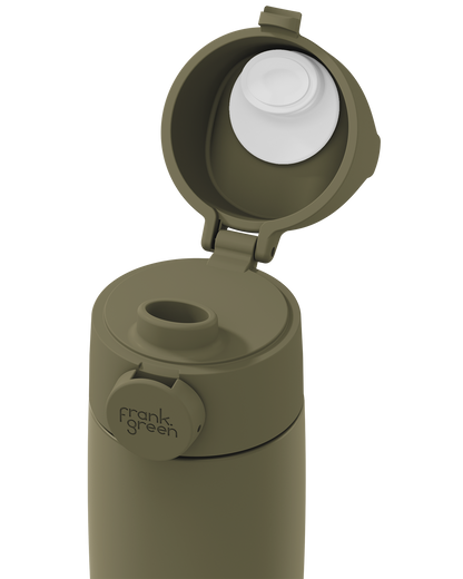 Close-up of an olive green Grip & Sip lid on a 12oz insulated bottle, with the sip cap flipped open to show the spout.