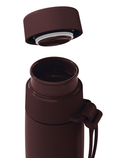 Close-up of a dark brown thermal lid lifted off a 12oz insulated bottle, showing the seal and open neck.