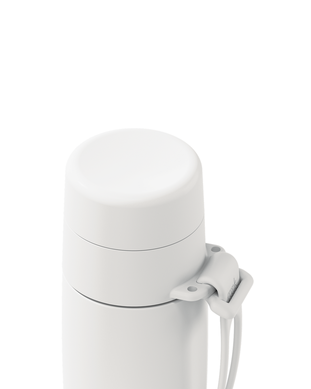 Close-up of a white thermal lid closed on a 12oz insulated bottle, with the carry loop attached.