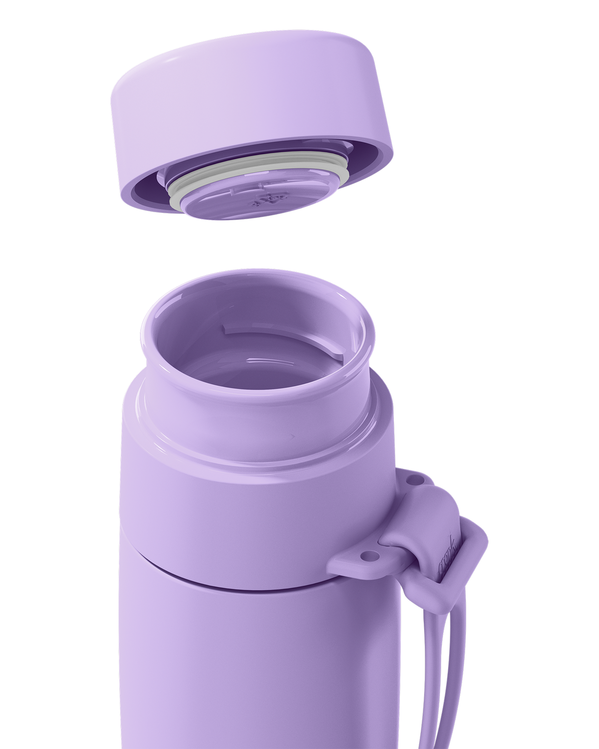 Close-up of a lavender thermal lid lifted off a 12oz insulated bottle, showing the seal and open neck.