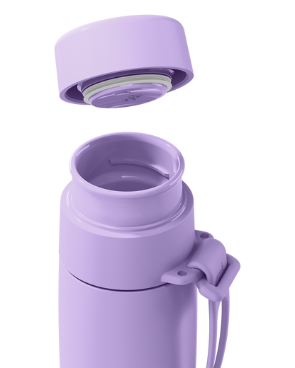Close-up of a lavender thermal lid lifted off a 12oz insulated bottle, showing the seal and open neck.