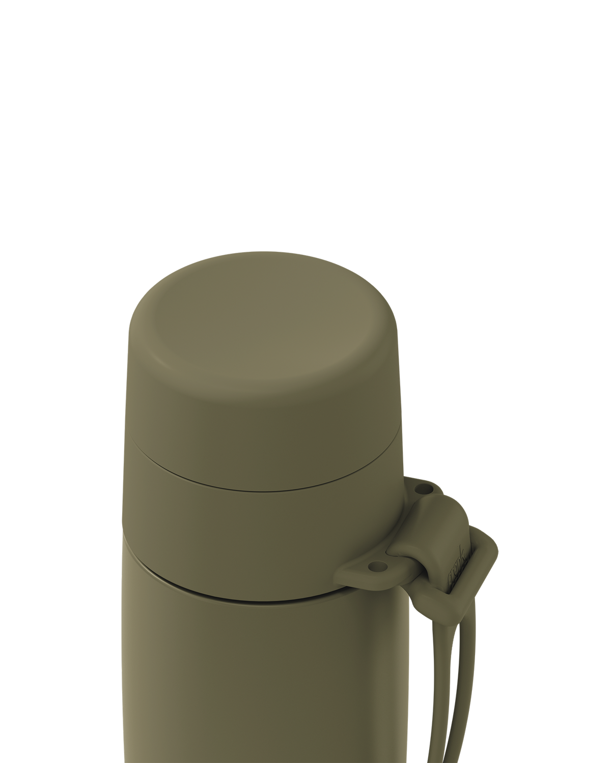 Close-up of the top portion of a matte olive green insulated bottle or thermos with a matching screw cap and a small loop strap, shown on a plain white background.