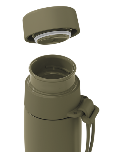 A dark olive green insulated bottle with its lid removed and floating above the open neck, showing a carrying loop and strap on a clean white background.