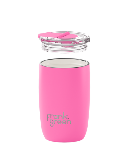 A bright pink insulated tumbler with a clear lid and pink flip-top straw, shown on a plain white background. The tumbler has the text 'frank.