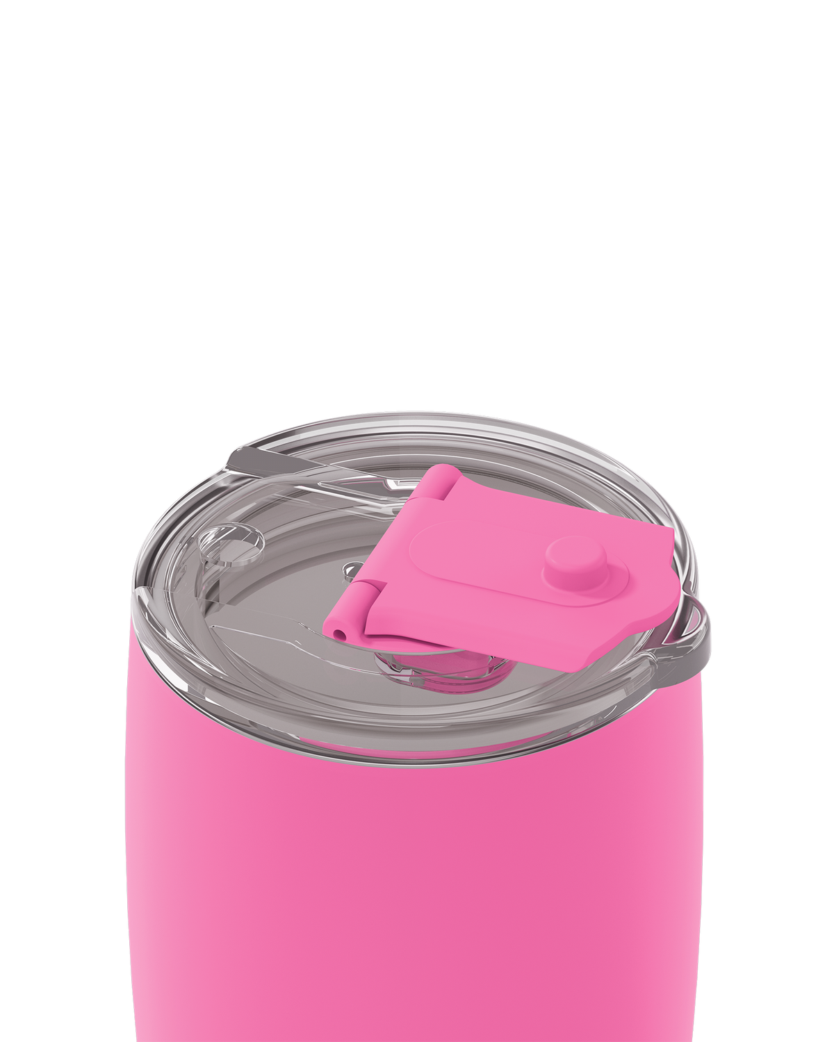 Close-up of a pink insulated tumbler with a clear lid and a bright pink flip-straw cover, shown on a plain white background.