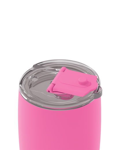 Close-up of a pink insulated tumbler with a clear lid and a bright pink flip-straw cover, shown on a plain white background.