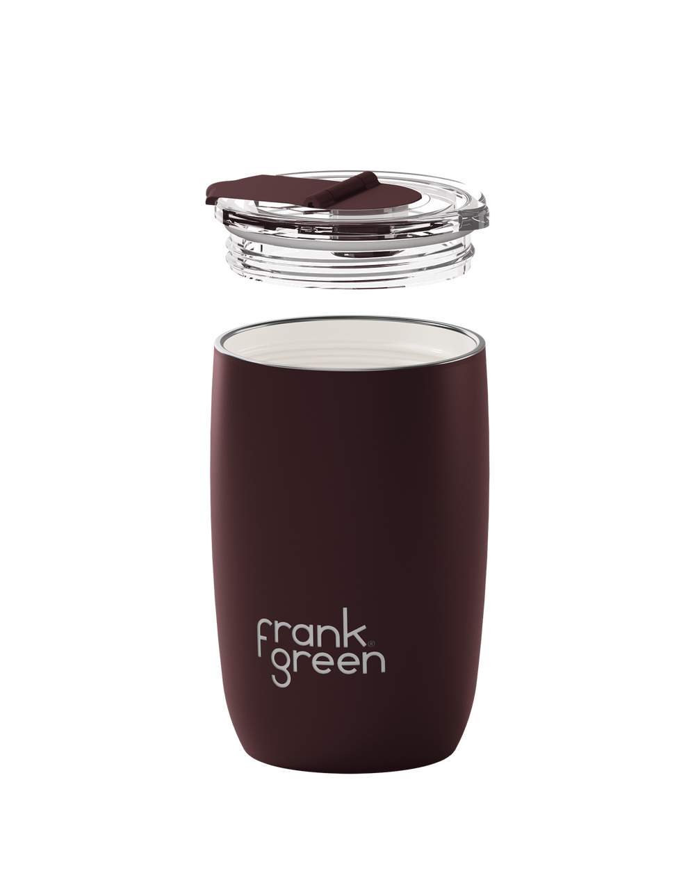 A dark brown insulated travel tumbler with a clear lid and a small brown silicone straw cover, shown on a solid white background. The brand name 'frank green' is printed in white on the front.
