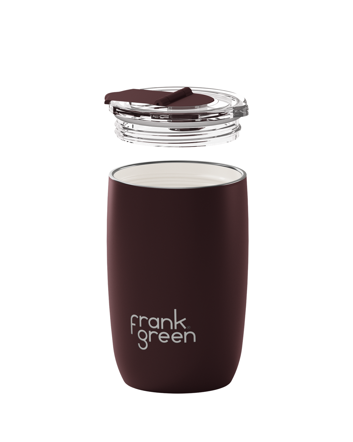 A dark brown insulated travel tumbler with a clear lid and a small brown silicone straw cover, shown on a solid white background. The brand name 'frank green' is printed in white on the front.