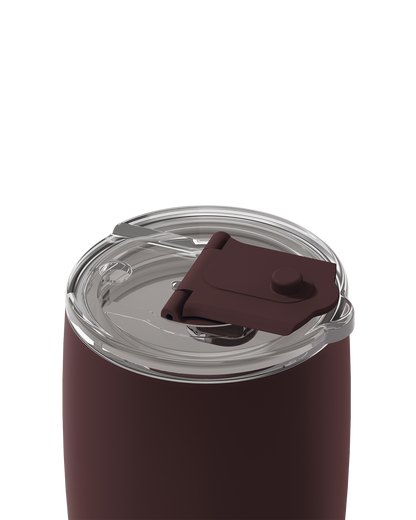 Close-up of a dark brown insulated tumbler with a clear lid and a matching dark brown flip-top straw cover, shown on a white background.
