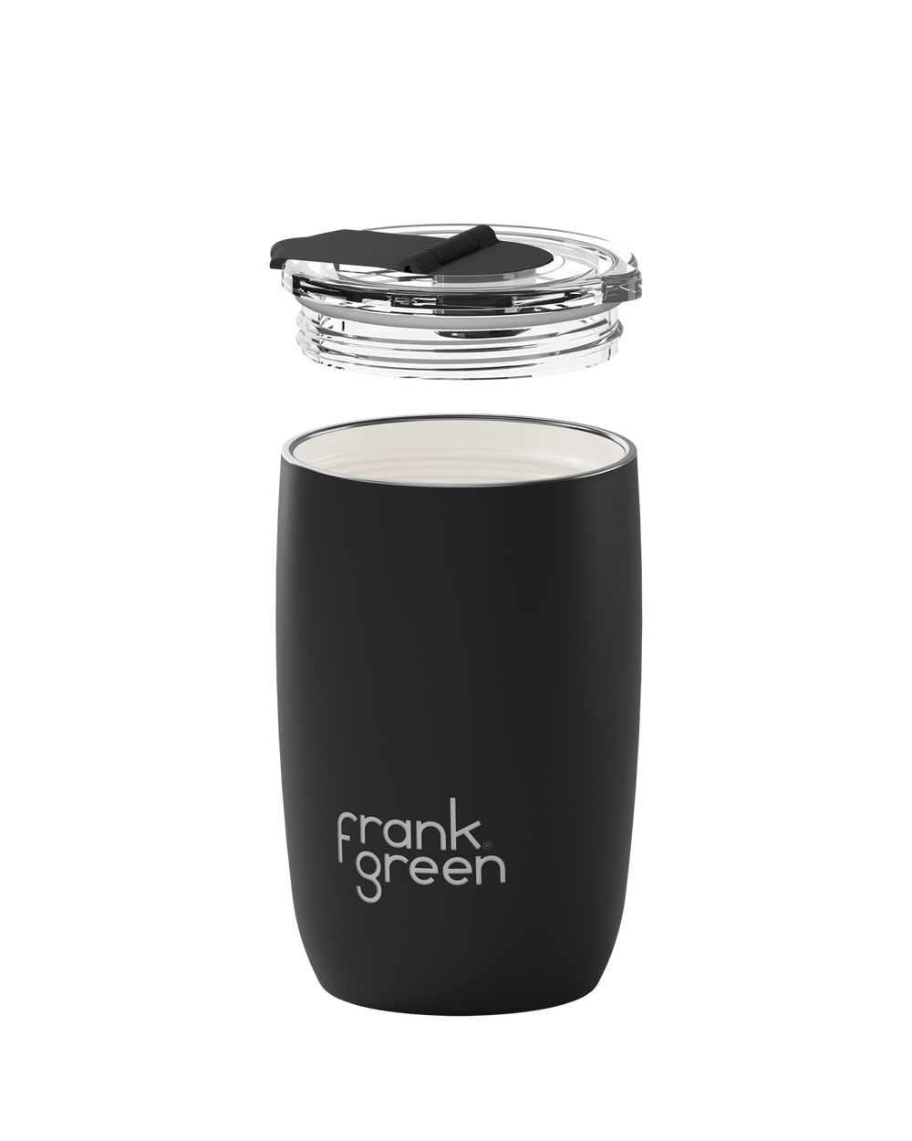 A matte black insulated tumbler with a clear lid and black straw, shown on a plain white background. The brand name 'frank green' is printed in white near the bottom.