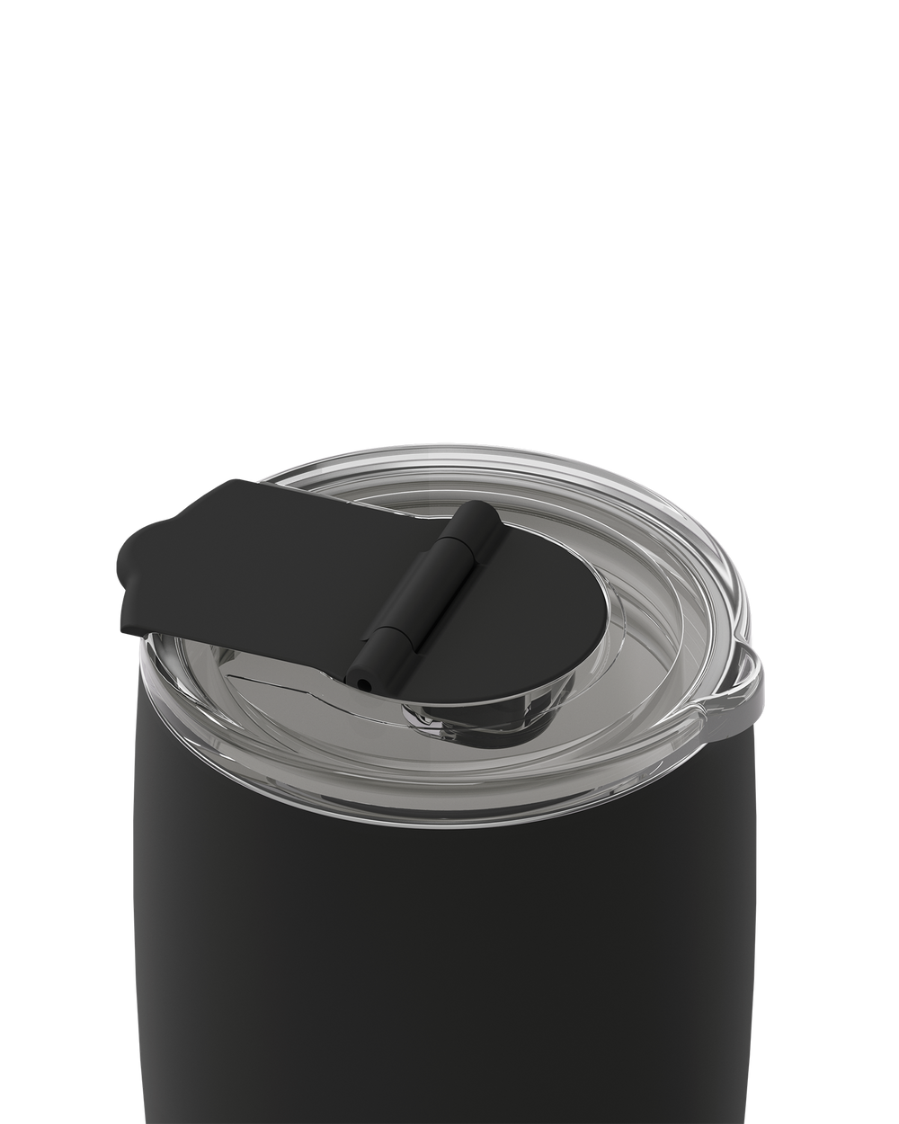 Close-up of a dark brown insulated tumbler with a clear lid and a matching dark brown flip-top straw cover, shown on a plain white background.