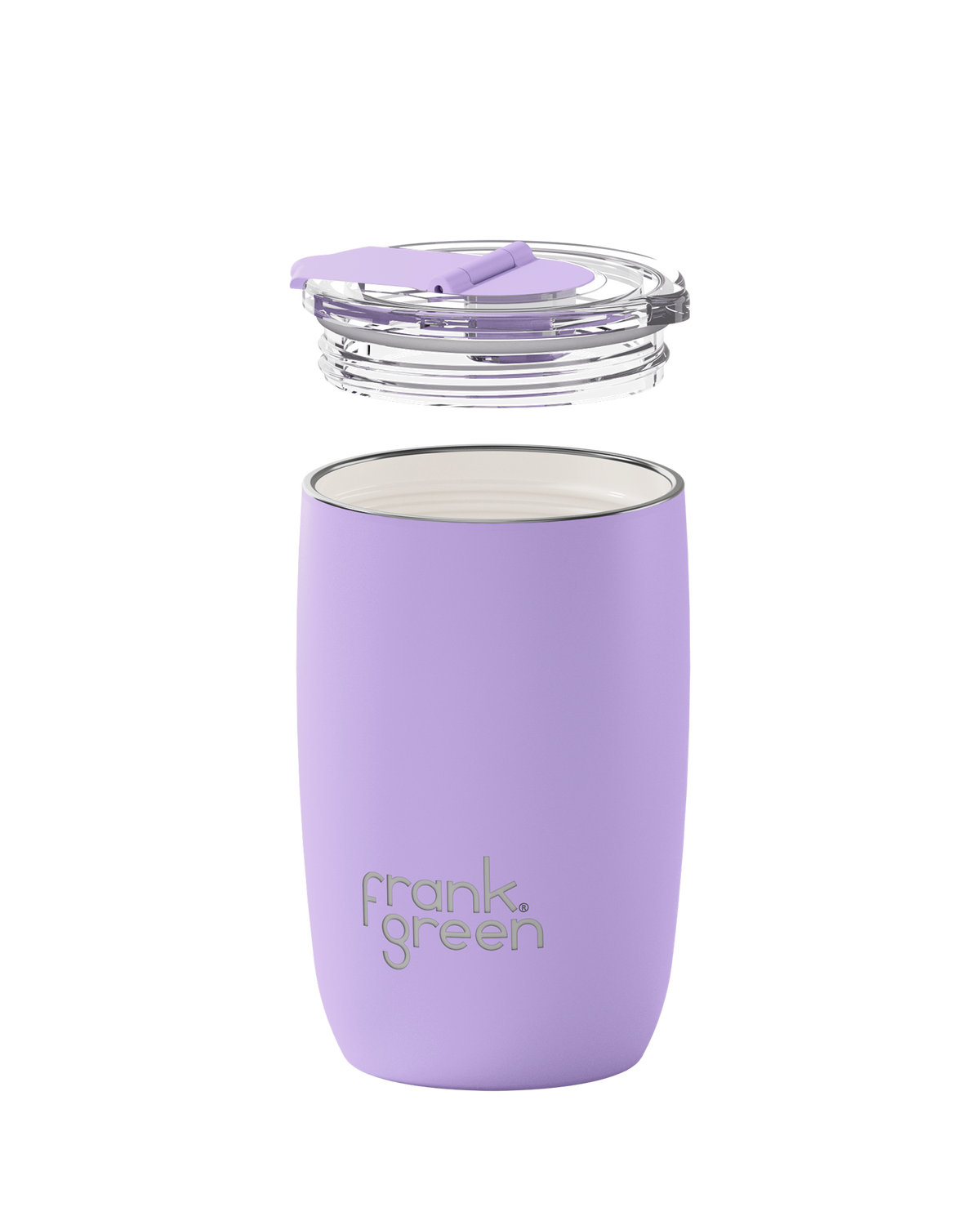 A lavender purple insulated travel tumbler with a clear glass lid and matching purple lid components, shown floating against a solid white background. The brand name 'frank.