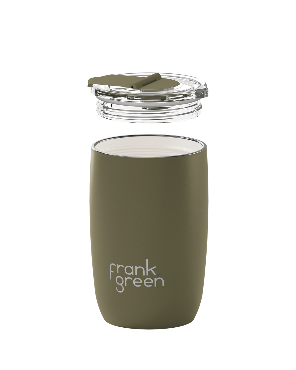 An olive green insulated tumbler with a clear lid shown in an exploded view, with the lid floating above the cup on a solid white background. The brand name 'frank green' is printed in white on the front of the cup.