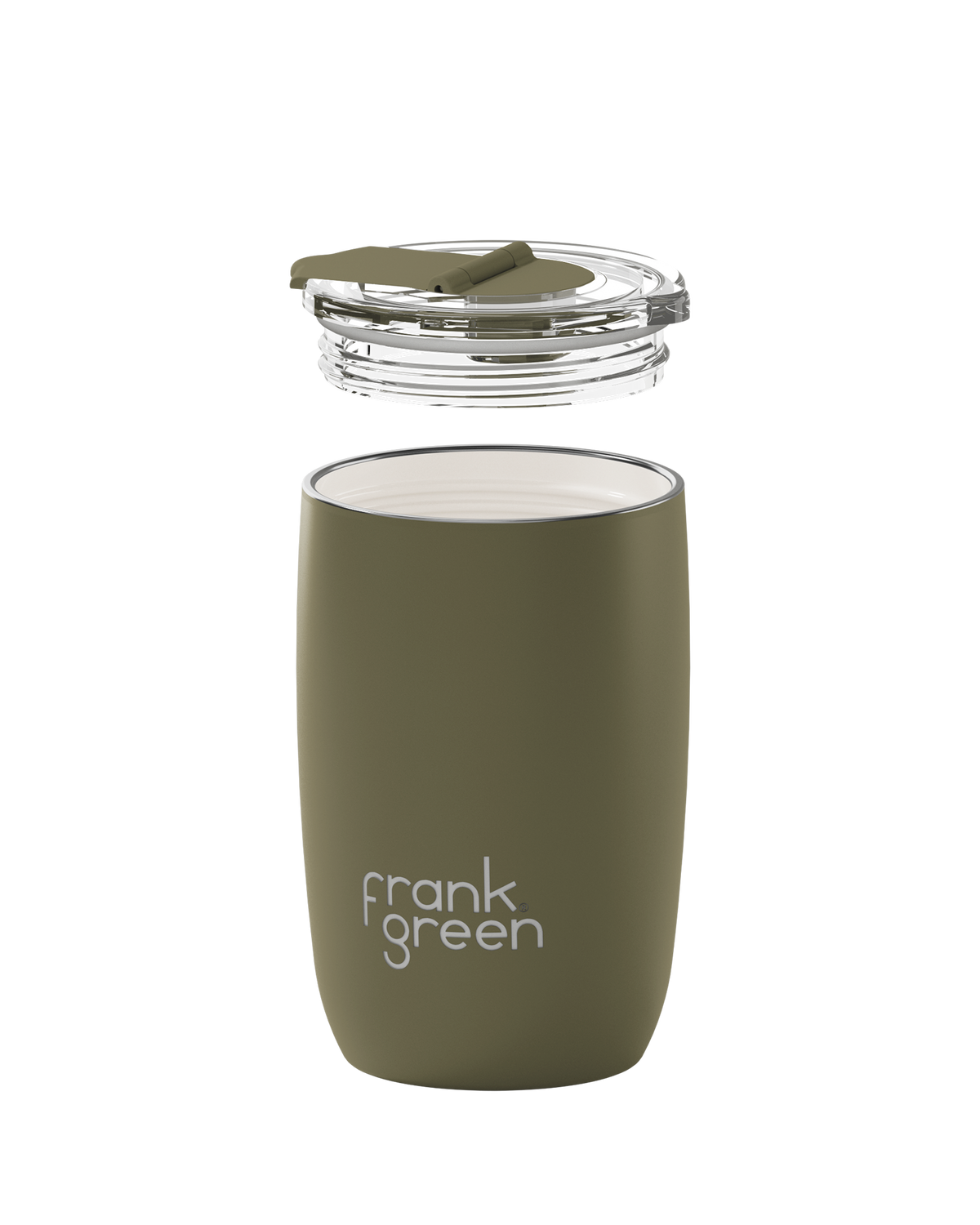 An olive green insulated tumbler with a clear lid shown in an exploded view, with the lid floating above the cup on a solid white background. The brand name 'frank green' is printed in white on the front of the cup.