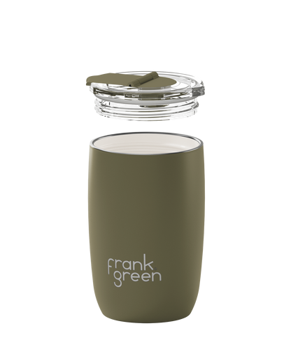 An olive green insulated tumbler with a clear lid shown in an exploded view, with the lid floating above the cup on a solid white background. The brand name 'frank green' is printed in white on the front of the cup.