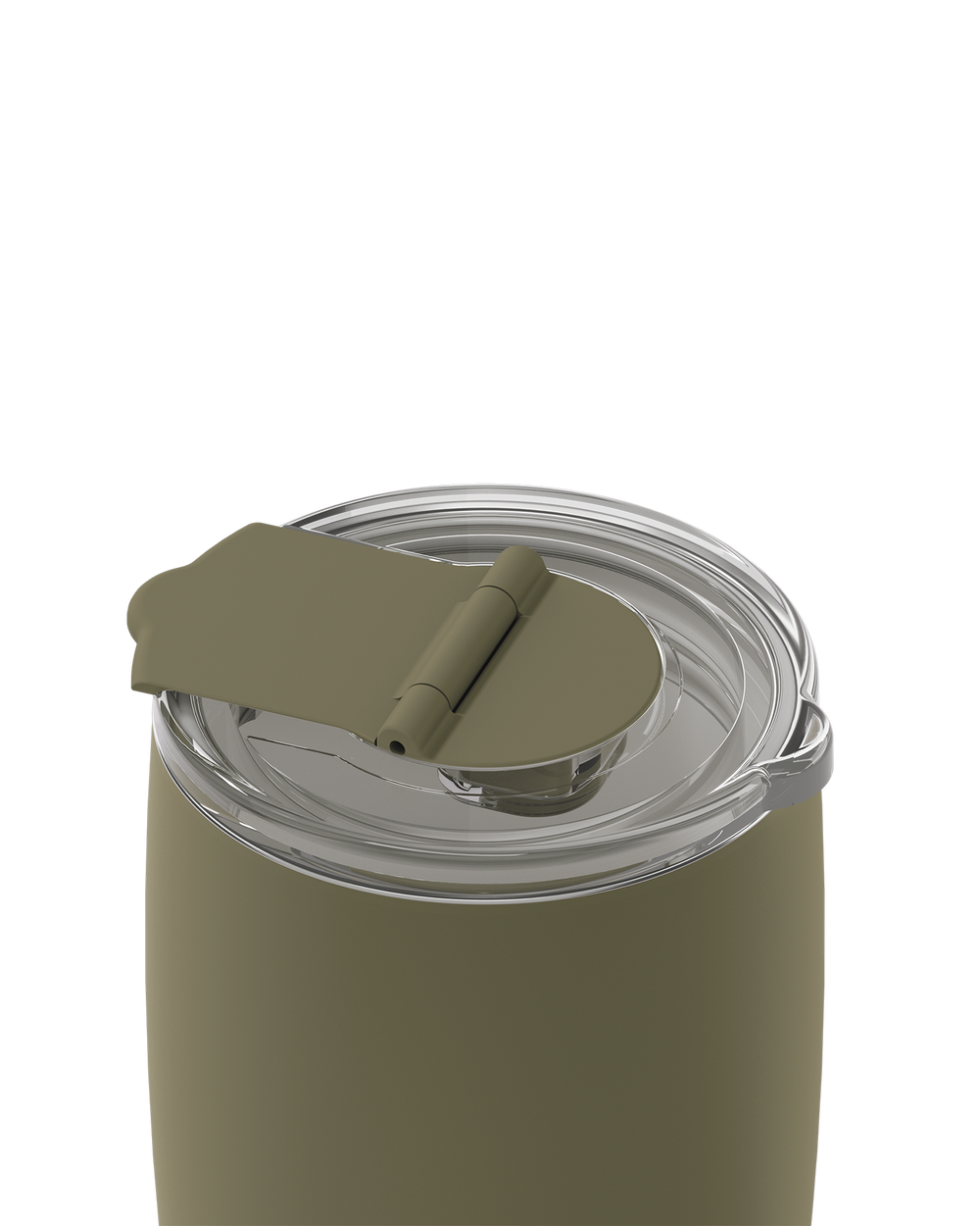 Close-up of a travel tumbler lid with a matte olive green flip-straw cover and a clear plastic rim, shown on a white background.