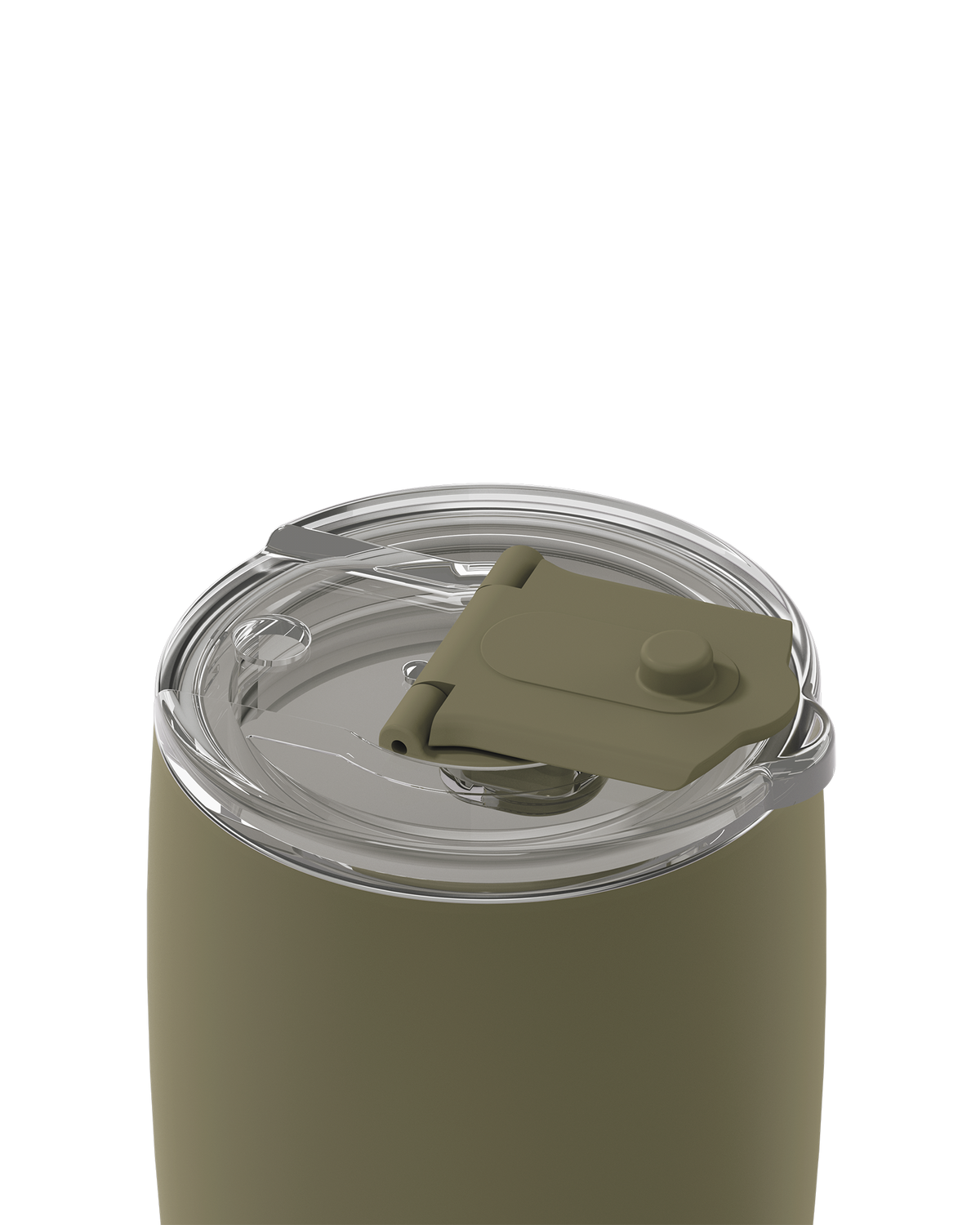 Close-up of a tumbler with an olive green body and a clear lid featuring a matching olive green flip-straw cap, shown on a white background.