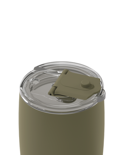 Close-up of a tumbler with an olive green body and a clear lid featuring a matching olive green flip-straw cap, shown on a white background.