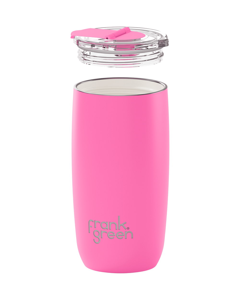 A bright pink insulated tumbler with a clear lid and pink flip straw, shown on a plain white background. The brand name 'frank green' is printed near the bottom.