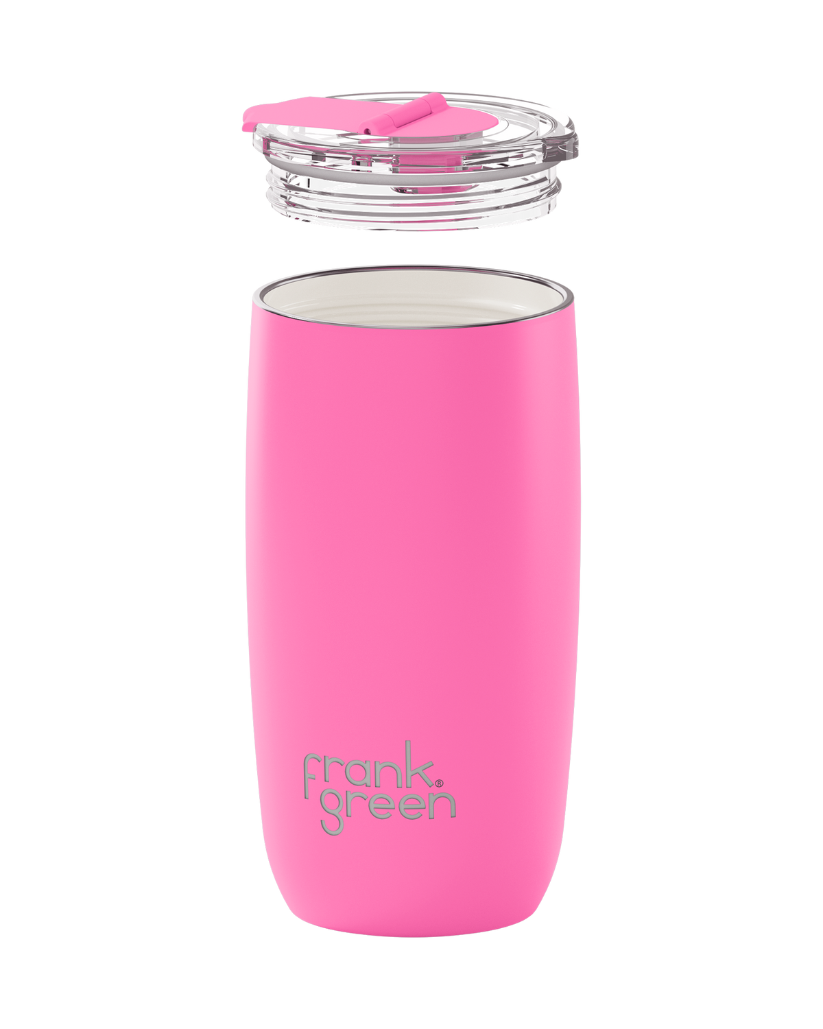A bright pink insulated tumbler with a clear lid and pink flip straw, shown on a plain white background. The brand name 'frank green' is printed near the bottom.