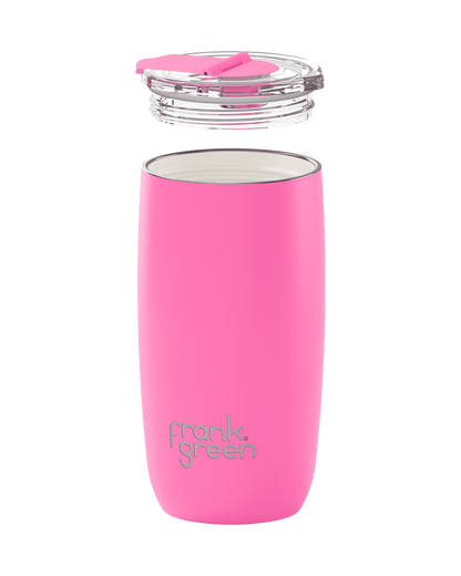 A bright pink insulated tumbler with a clear lid and pink flip straw, shown on a plain white background. The brand name 'frank green' is printed near the bottom.