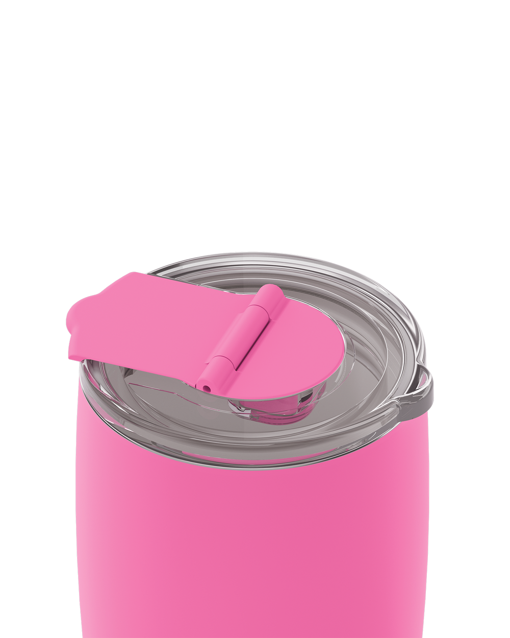 A close-up of a pink insulated tumbler with a clear lid and bright pink flip-top straw cover, shown on a plain white background.