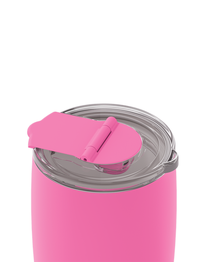 A close-up of a pink insulated tumbler with a clear lid and bright pink flip-top straw cover, shown on a plain white background.