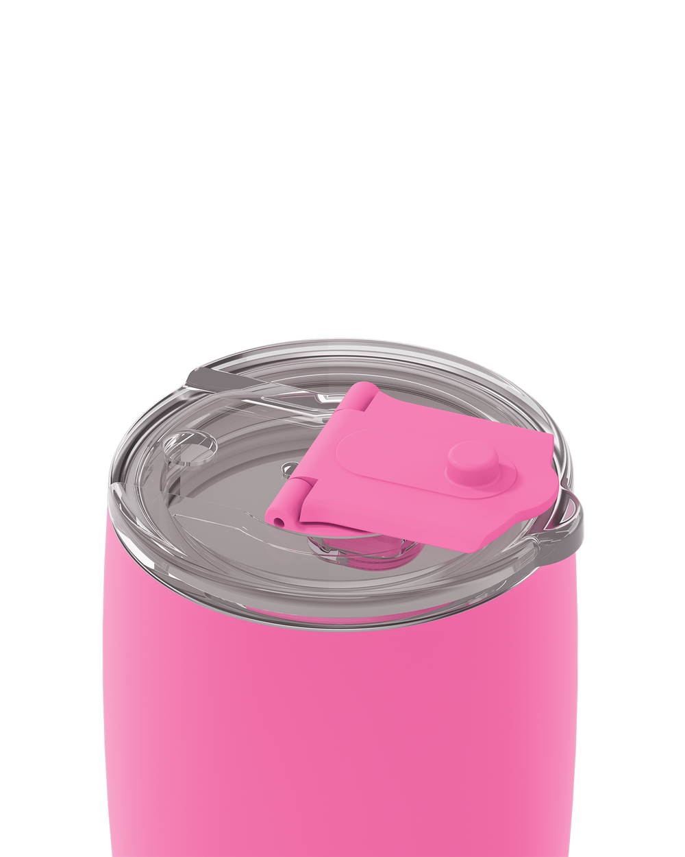 Close-up of a pink insulated tumbler with a clear lid and a bright pink flip-straw cover, shown on a plain white background.