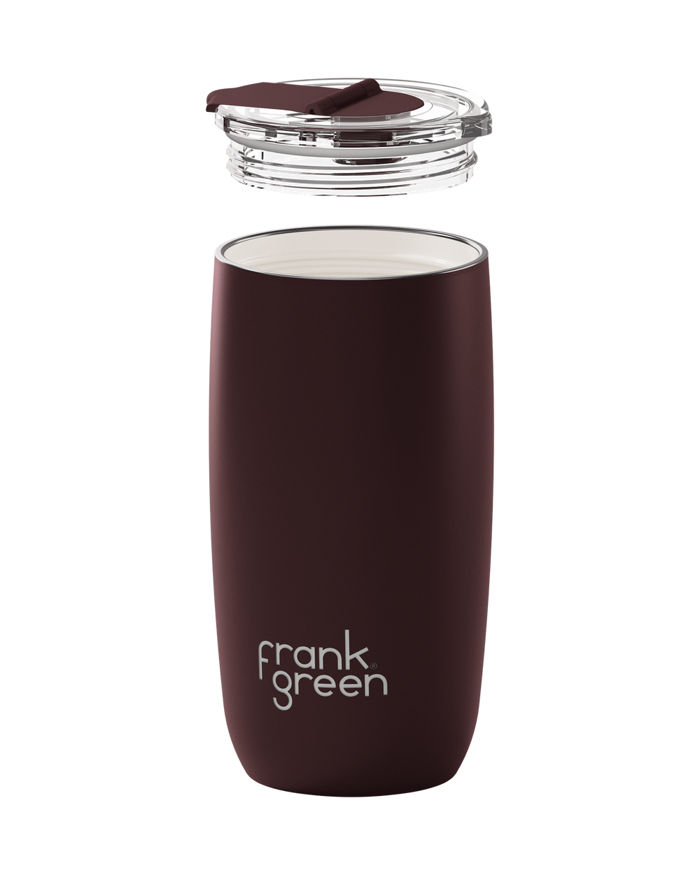 A matte dark brown insulated tumbler with a clear lid and a matching brown flip-straw cover, shown on a plain white background. The brand name 'frank green' is printed in white near the bottom.