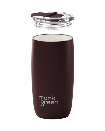 A matte dark brown insulated tumbler with a clear lid and a matching brown flip-straw cover, shown on a plain white background. The brand name 'frank green' is printed in white near the bottom.