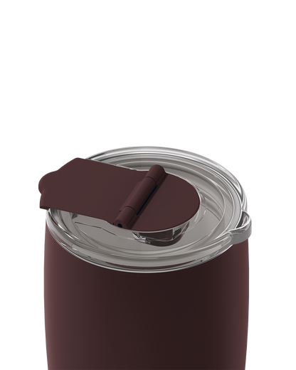 Close-up of a dark brown insulated tumbler with a clear lid and a matching dark brown flip-top straw cover, shown on a plain white background.