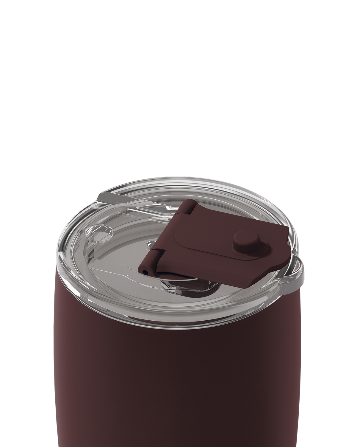 Close-up of a dark brown insulated tumbler with a clear lid and a matching dark brown flip-top straw cover, shown on a white background.