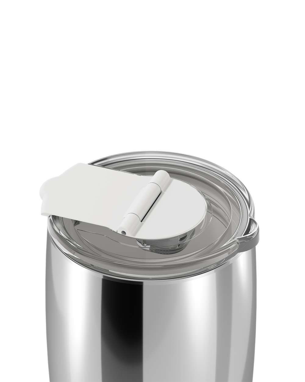 Close-up of a stainless steel tumbler with a clear lid and white flip-top straw cover on a white background.