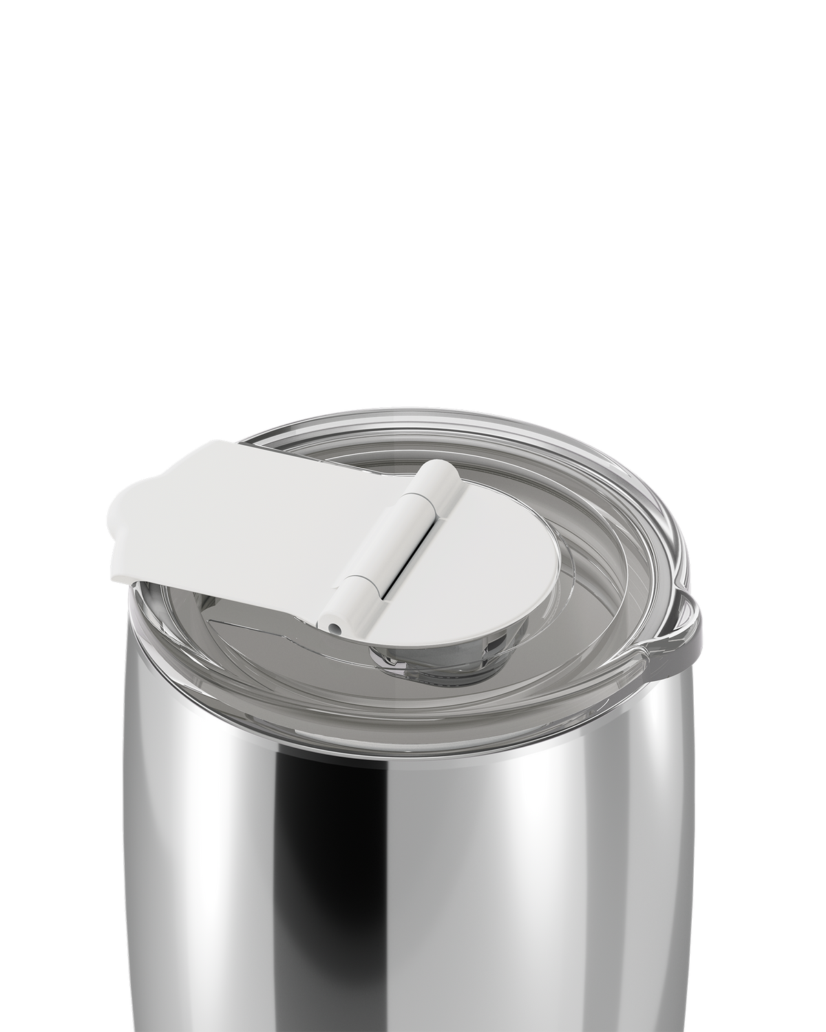 Close-up of a stainless steel tumbler with a clear lid and white flip-top straw cover on a white background.