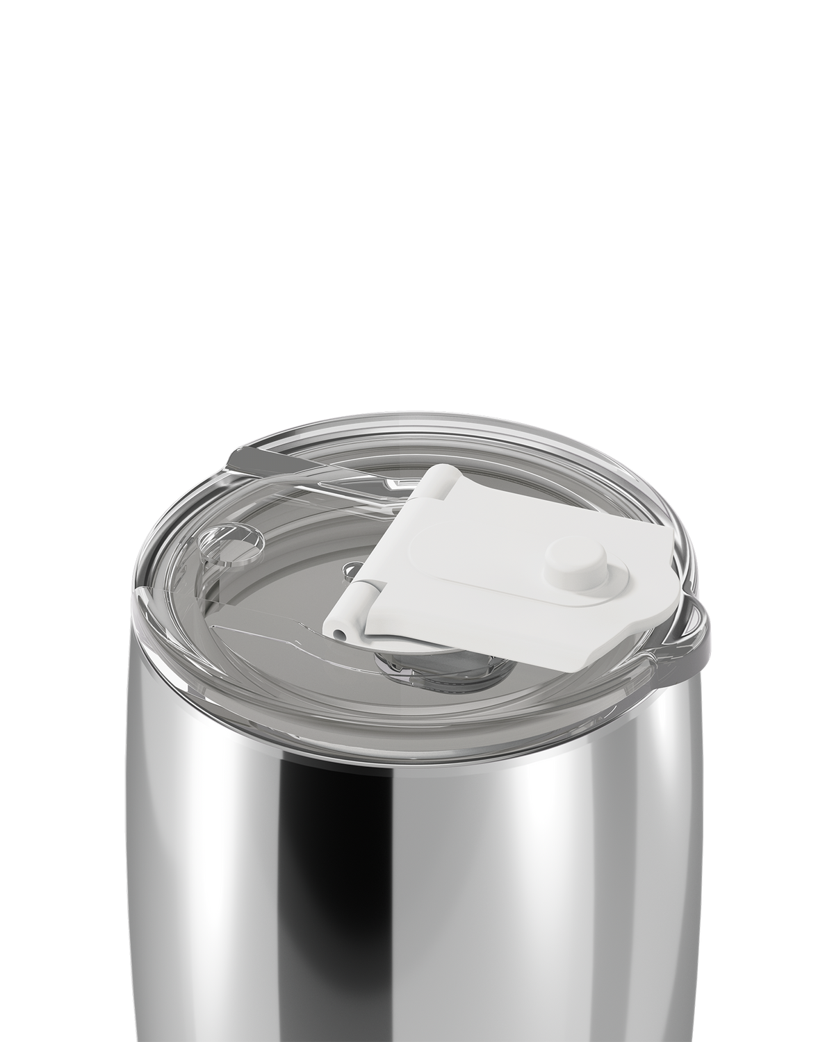 Close-up of a stainless steel tumbler with a clear lid and a white flip-straw cover, shown on a white background.